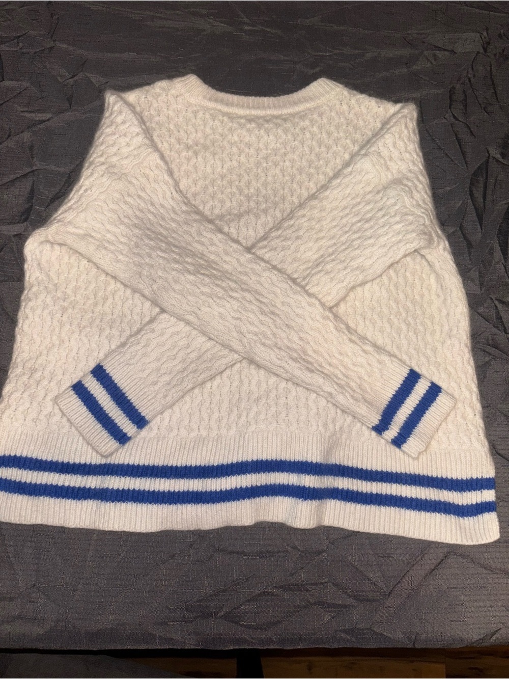 Madewell White Cable Knit Sweater with Blue Stripe Trim - Picture 5 of 10